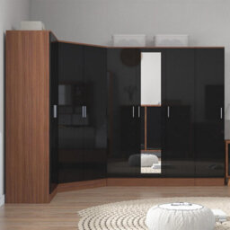 Reflect 4Pc Wardrobe Bundle - 2 Door Corner + 3 Door Mirror + 2Dr + 1Dr Plain - Black Gloss & Walnut - H: 180Cm X W: 329Cm - thumbnail 3