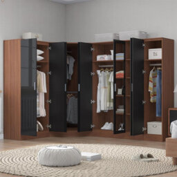 Reflect 4Pc Wardrobe Bundle - 2 Door Corner + 3 Door Mirror + 2Dr + 1Dr Plain - Black Gloss & Walnut - H: 180Cm X W: 329Cm - thumbnail 2