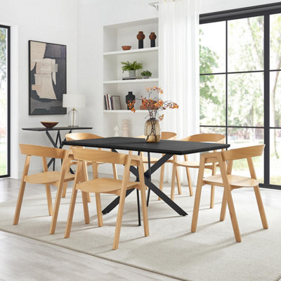 Furniturebox Uk Leonardo Black Top Dining Table & 6 Oak Masa Chairs - image 1