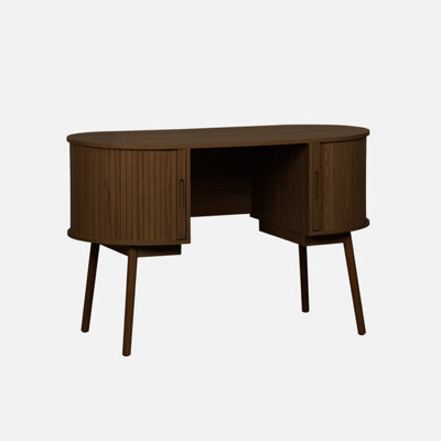 Sweeek - Oval Desk With Grooved Wood Effect And Two Storage Spaces L 120 X D 55 X H 77 Cm Legacy Walnut - image 1
