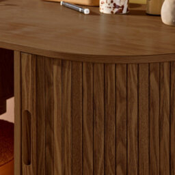 Sweeek - Oval Desk With Grooved Wood Effect And Two Storage Spaces L 120 X D 55 X H 77 Cm Legacy Walnut - thumbnail 7