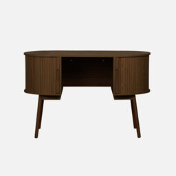 Sweeek - Oval Desk With Grooved Wood Effect And Two Storage Spaces L 120 X D 55 X H 77 Cm Legacy Walnut - thumbnail 2