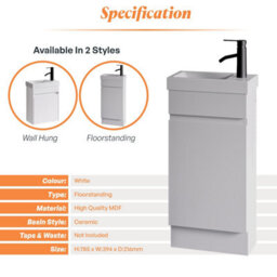 Plum&clay Romeo Matt White Floorstanding Cloakroom Vanity Unit With Basin (W)390mm - thumbnail 7