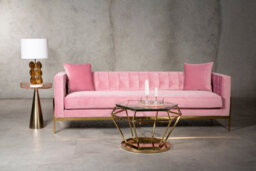 Orsina Velvet Upholstered 3 Seat Pink Sofa,gold Finished Lounge Sofa,low Profile Tufted Couch,ideal For Outdoor Use - thumbnail 2