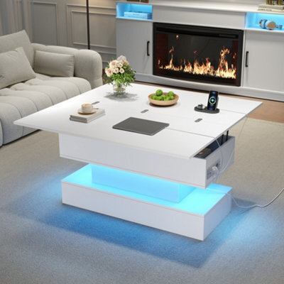 Matteo White Lift-Up Coffee Table With Power Outlets, Usb & Usb-C Charging, Led Lighting & Hidden Storage - 100X50Cm Extendable - image 1