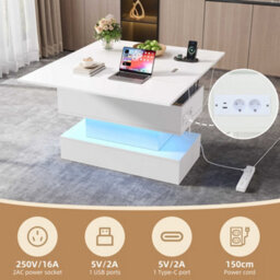 Matteo White Lift-Up Coffee Table With Power Outlets, Usb & Usb-C Charging, Led Lighting & Hidden Storage - 100X50Cm Extendable - thumbnail 7