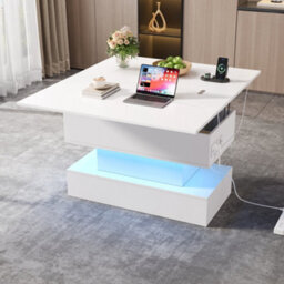 Matteo White Lift-Up Coffee Table With Power Outlets, Usb & Usb-C Charging, Led Lighting & Hidden Storage - 100X50Cm Extendable - thumbnail 5
