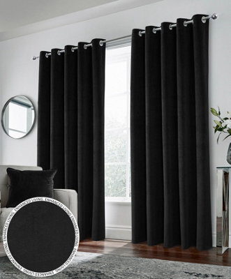 Luxury Enhanced Living Black Velvet, Supersoft, 100% Blackout, Thermal Pair Of Curtains With Eyelet Top - 46 X 54 Inch (117X137Cm) - image 1