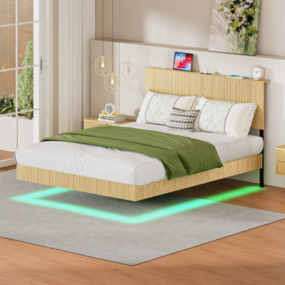 Matteo Modern Floating Bed Frame With Led Lighting And Fluted Headboard, 150 X 200 Cm - image 1