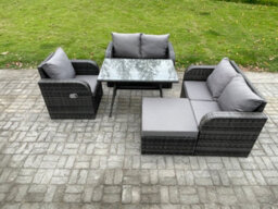 Fimous Outdoor Garden Dining Sets Rattan Furniture With Dining Table Armchairs Love Sofa Big Footstool Dark Grey Mixed - thumbnail 2
