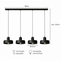 Luminosa Lighting Luminosa Velyo Bar Pendant Ceiling Light Black 4X E27 - thumbnail 5