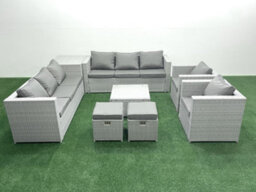 Fimous Outdoor Rattan Sofa Garden Furniture Set 2 Armchairs Square Coffee Table 2 Small Stools Side Table Light Grey - thumbnail 2