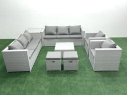 Fimous Outdoor Rattan Sofa Garden Furniture Set 2 Armchairs Square Coffee Table 2 Small Stools Side Table Light Grey - thumbnail 1