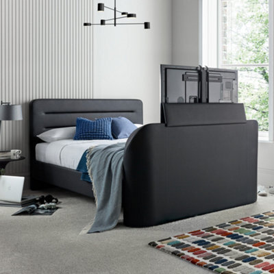 Fuzion Charcoal Faux Leather Upholstered Double Tv Bed Frame - image 1
