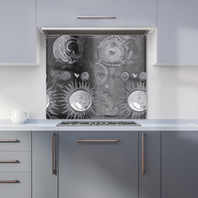 Warren Reed Designer Black Grey Abstract Sun And Moon Premium Glass Kitchen Splashback W900mm X H650mm - image 1