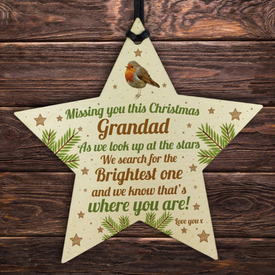 Red Ocean Grandad Robin Memorial Chirstmas Tree Bauble Wood Star Xmas Gift - image 1