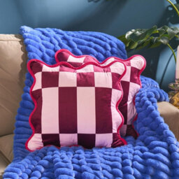 Ohs 2 X Scallop Edge Checkerboard Matte Velvet Cushion Covers - Pink - thumbnail 1