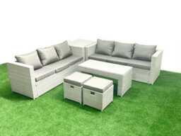 Fimous 8 Seater Garden Outdoor Rattan Furniture Set Rattan Garden Sofa Oblong Coffee Table 2 Small Stool Side Table Light Grey - thumbnail 2