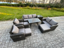 Fimous Outdoor Rattan Garden Furniture Set 10 Seater Patio Lounge Sofa Set With Dining Table 3 Footstools Side Table - thumbnail 2