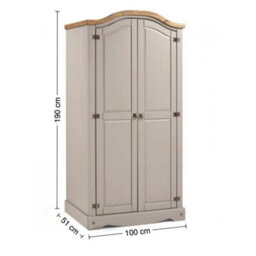 Wardrobe Grey 2 Door Arch Top Solid Wood Mexican Pine Wooden Double Robe - thumbnail 2