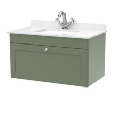 Balterley Swynnerton Traditional 1 Drawer Wall Hung Vanity Unit With Marble Basin, Satin Green, 800mm