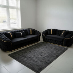 Stratus Interiors Ambassador 2+3 Sofa Set - Chesterfield Toronto With Silver Trim Sofa For Living Room - No Frill Design - Black Plush