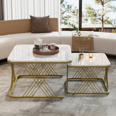 Btm Nest Of 2 Coffee Tables, Square Marble Top With Gold Metal Legs, Modern Living Room End Tables, White+Gold - image 1