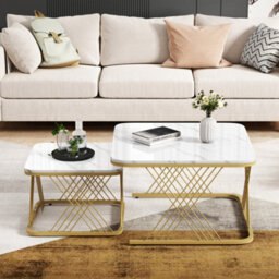 Btm Nest Of 2 Coffee Tables, Square Marble Top With Gold Metal Legs, Modern Living Room End Tables, White+Gold - thumbnail 5