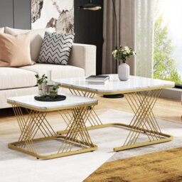 Btm Nest Of 2 Coffee Tables, Square Marble Top With Gold Metal Legs, Modern Living Room End Tables, White+Gold - thumbnail 4