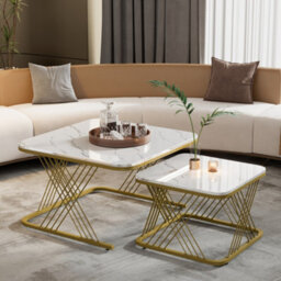 Btm Nest Of 2 Coffee Tables, Square Marble Top With Gold Metal Legs, Modern Living Room End Tables, White+Gold - thumbnail 6