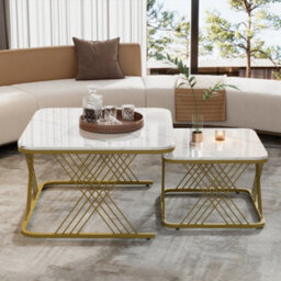 Btm Nest Of 2 Coffee Tables, Square Marble Top With Gold Metal Legs, Modern Living Room End Tables, White+Gold