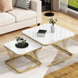 Btm Nest Of 2 Coffee Tables, Square Marble Top With Gold Metal Legs, Modern Living Room End Tables, White+Gold - thumbnail 3