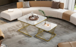 Btm Nest Of 2 Coffee Tables, Square Marble Top With Gold Metal Legs, Modern Living Room End Tables, White+Gold - thumbnail 9