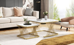 Btm Nest Of 2 Coffee Tables, Square Marble Top With Gold Metal Legs, Modern Living Room End Tables, White+Gold - thumbnail 8