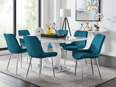 Furniturebox Giovani Rectangular 6 Seat White High Gloss Unique Halo Base Dining Table Grey Glass Top 6 Blue Velvet Silver Leg Pesaro Chairs - image 1