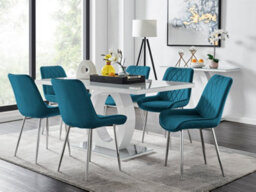 Furniturebox Giovani Rectangular 6 Seat White High Gloss Unique Halo Base Dining Table Grey Glass Top 6 Blue Velvet Silver Leg Pesaro Chairs - thumbnail 1