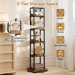 Brown 5-Tier Rotating Bookshelf Tower 360 Spinning Bookcase With Display Stands - thumbnail 6