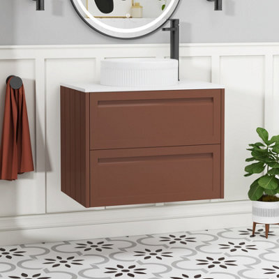 Royal Bathrooms Royal Bathroom Elmore 700mm Terracotta Clay Wall Mounted Bathroom Vanity Unit 2 Drawer Plain White Worktop With Round Basin - image 1