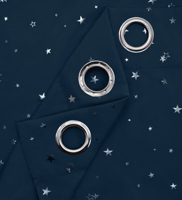 Velosso Thermal Blackout Ring Top Curtains, Foil Print Curtains, Machine Washable, Energy Saving, Privacy Enhancing Curtains - Navy