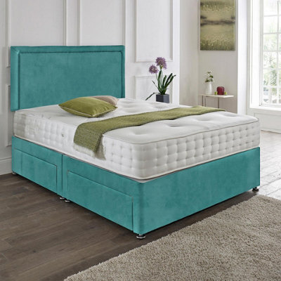 Dining Tables Seoul Matching Headboard Divan Set, 2 Drawer On Same Side With Sprung 1500 Comfort Mattress - Plush Velvet Duck Egg - Double - image 1
