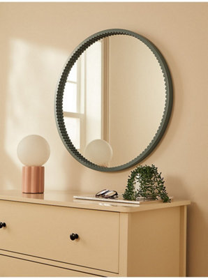 Biznest Classic Round Wall Mounted Mirror Ribbed Bordered Green Finish Wooden Frame Circular Design Glass Construction 60 Cm Dia . - image 1