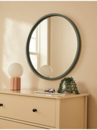 Biznest Classic Round Wall Mounted Mirror Ribbed Bordered Green Finish Wooden Frame Circular Design Glass Construction 60 Cm Dia .