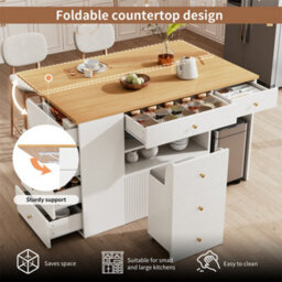 Abrihome Adjustable Kitchen Island With Bar Stools - Sideboard & Cabinet With 6 Drawers, Width 140-70Cm, White/black - thumbnail 4