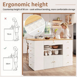 Abrihome Adjustable Kitchen Island With Bar Stools - Sideboard & Cabinet With 6 Drawers, Width 140-70Cm, White/black - thumbnail 2