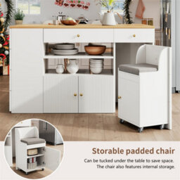 Abrihome Adjustable Kitchen Island With Bar Stools - Sideboard & Cabinet With 6 Drawers, Width 140-70Cm, White/black - thumbnail 3