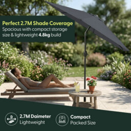 Keplin 2.7M Tilting Parasol Umbrella With Crank & Tilt, Steel Frame Sun Shade With Cover, 180G Uv-Resistant Polyester,  Grey - thumbnail 6