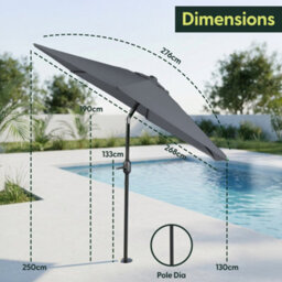 Keplin 2.7M Tilting Parasol Umbrella With Crank & Tilt, Steel Frame Sun Shade With Cover, 180G Uv-Resistant Polyester,  Grey - thumbnail 9