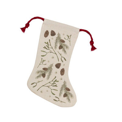 Purely Home Mistletoe & Pine Stocking - Novelty Xmas Gift/nature Decor With Red Drawstring Ties - image 1