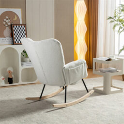 Abrihome New Modern Teddy Fabric Tufted Upholstered Rocking Chair With Pull-Out Footrest, White  - thumbnail 7