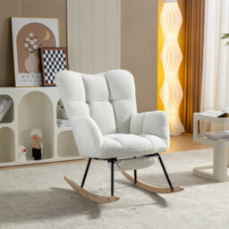 Abrihome New Modern Teddy Fabric Tufted Upholstered Rocking Chair With Pull-Out Footrest, White  - thumbnail 1